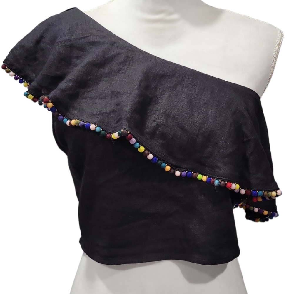 Bcbgeneration Black Crop One Shoulder Pompom Edge… - image 2